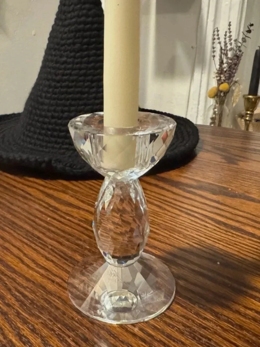Crystal Cut Glass Taper Candlesticks Vintage Mismatched Set Of Two